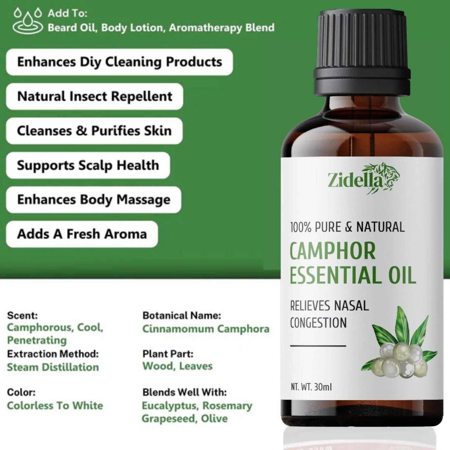 Zidella Natural Camphor Essential Oil for Skin & Hair Care - 30ml
